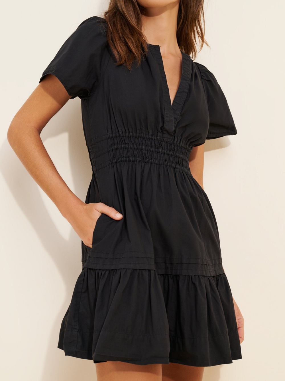 Anthropologie Somerset Mini Dress Black Large Petite Tiered Poplin